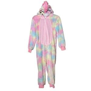 Spirit Unicorn Hooded Plush Union Suit Faux Fur Tail Halloween Costume Sz Large